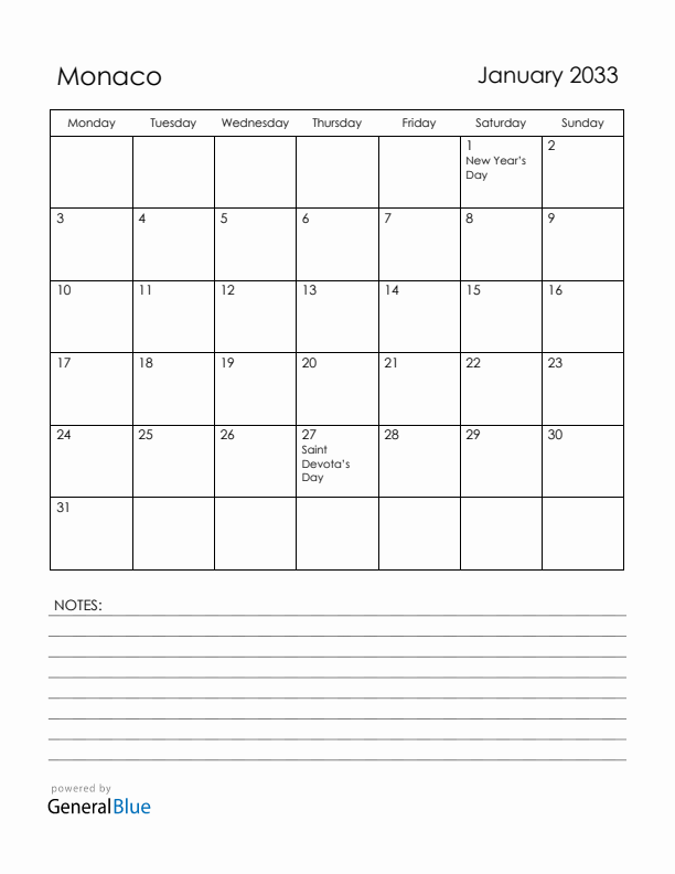 January 2033 Monaco Calendar with Holidays (Monday Start)