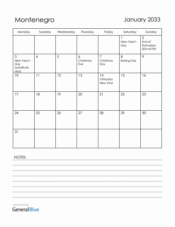 January 2033 Montenegro Calendar with Holidays (Monday Start)