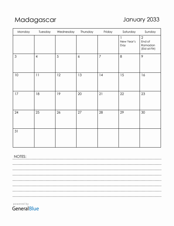 January 2033 Madagascar Calendar with Holidays (Monday Start)