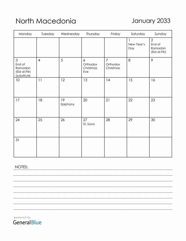 January 2033 North Macedonia Calendar with Holidays (Monday Start)