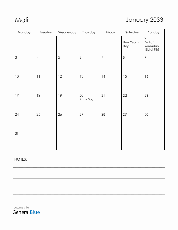January 2033 Mali Calendar with Holidays (Monday Start)