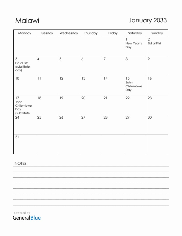 January 2033 Malawi Calendar with Holidays (Monday Start)