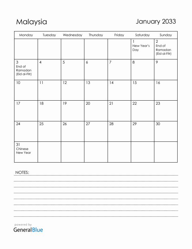 January 2033 Malaysia Calendar with Holidays (Monday Start)