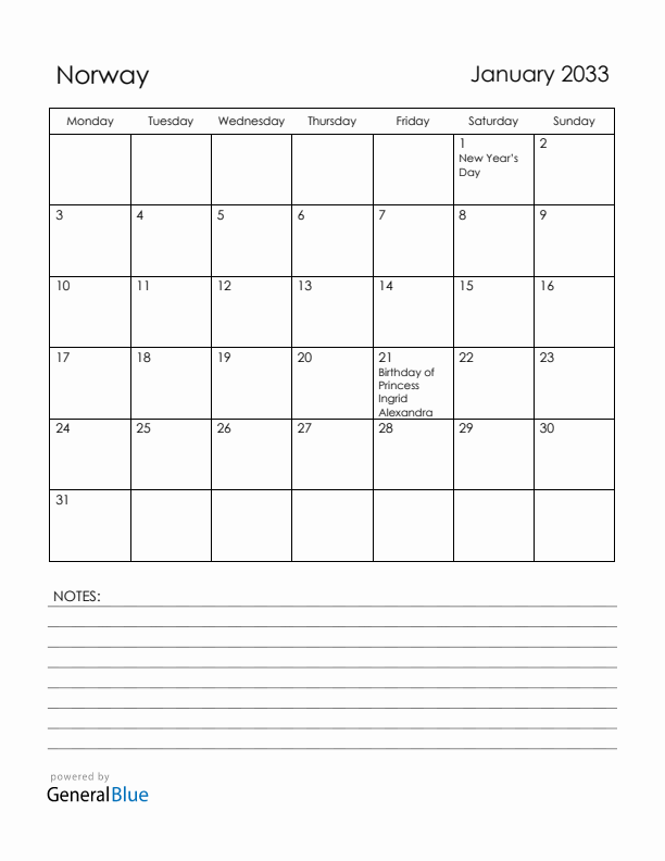 January 2033 Norway Calendar with Holidays (Monday Start)