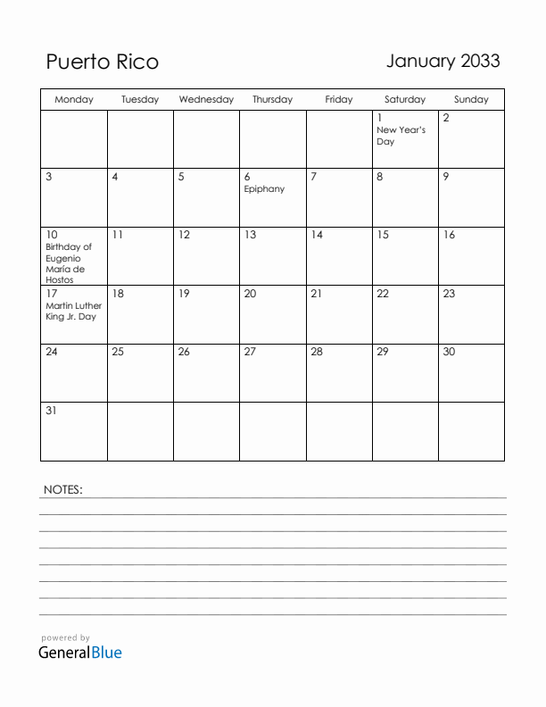 January 2033 Puerto Rico Calendar with Holidays (Monday Start)