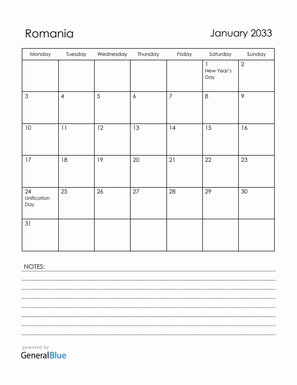 January 2033 Romania Calendar with Holidays (Monday Start)