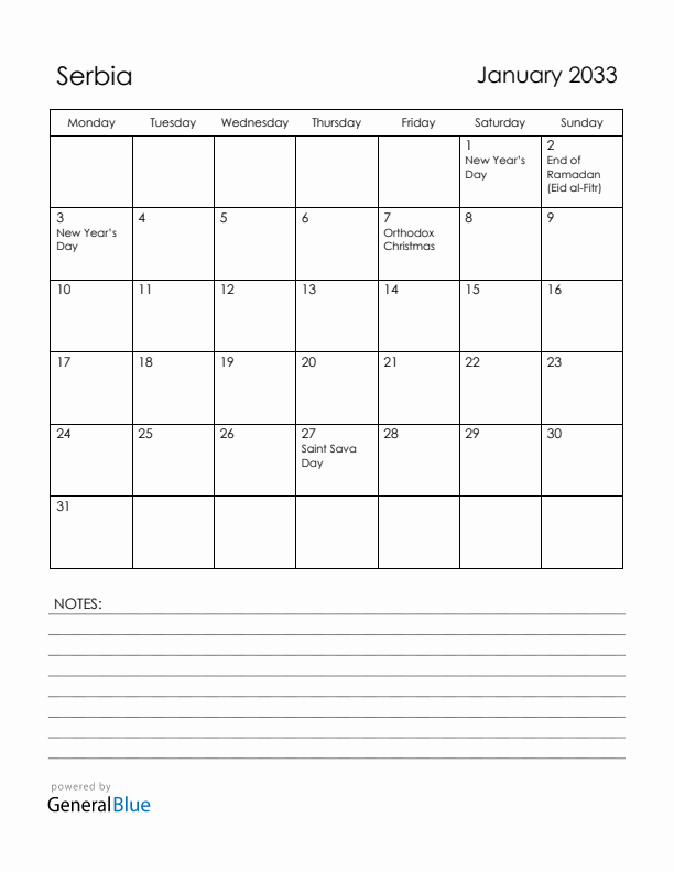 January 2033 Serbia Calendar with Holidays (Monday Start)