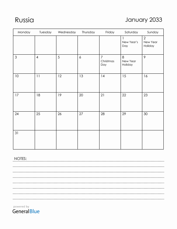 January 2033 Russia Calendar with Holidays (Monday Start)