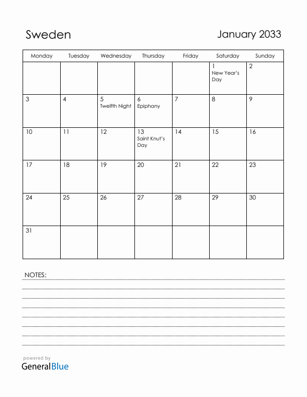 January 2033 Sweden Calendar with Holidays (Monday Start)