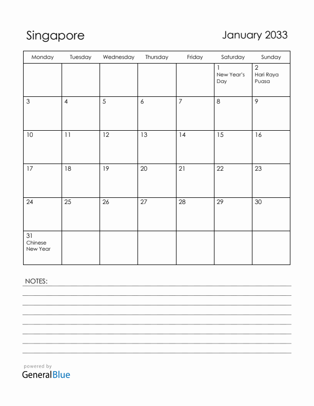 January 2033 Singapore Calendar with Holidays (Monday Start)