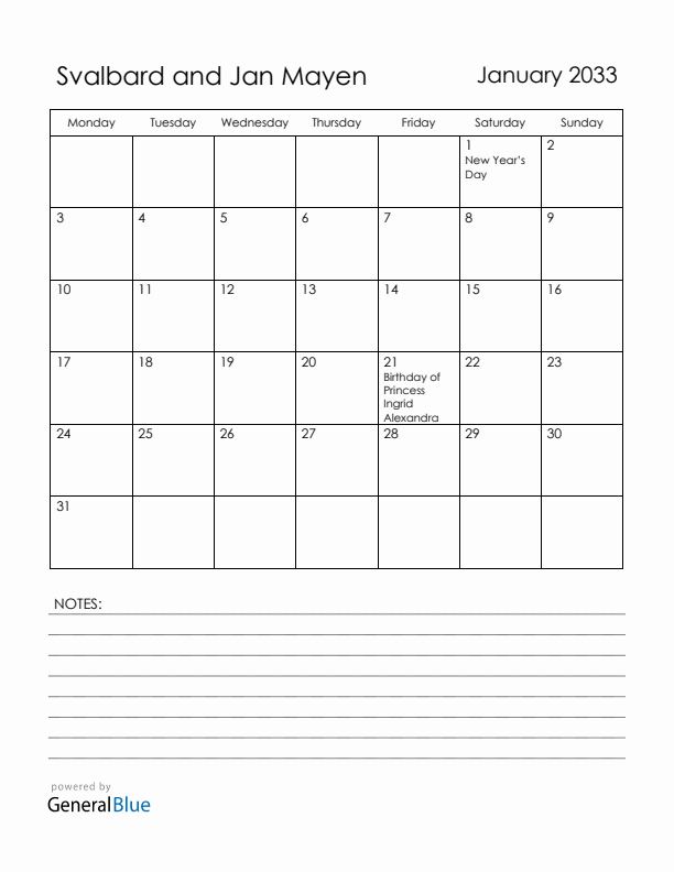 January 2033 Svalbard and Jan Mayen Calendar with Holidays (Monday Start)