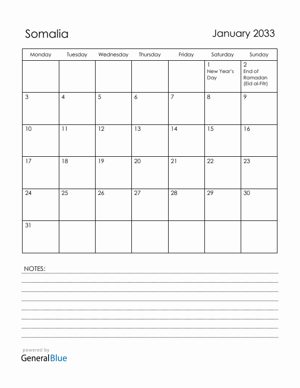 January 2033 Somalia Calendar with Holidays (Monday Start)