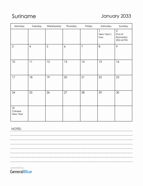 January 2033 Suriname Calendar with Holidays (Monday Start)
