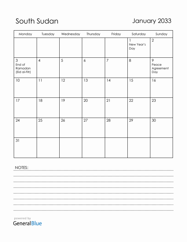 January 2033 South Sudan Calendar with Holidays (Monday Start)
