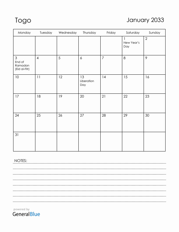 January 2033 Togo Calendar with Holidays (Monday Start)