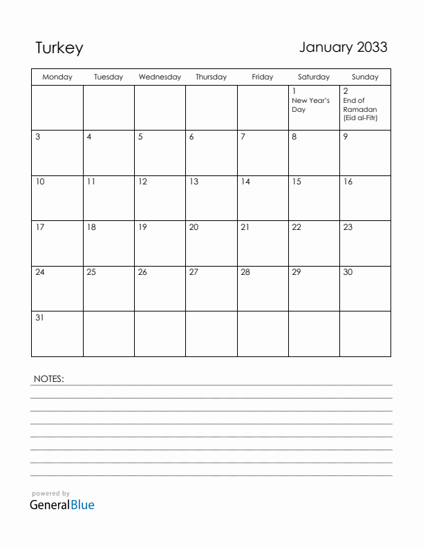 January 2033 Turkey Calendar with Holidays (Monday Start)