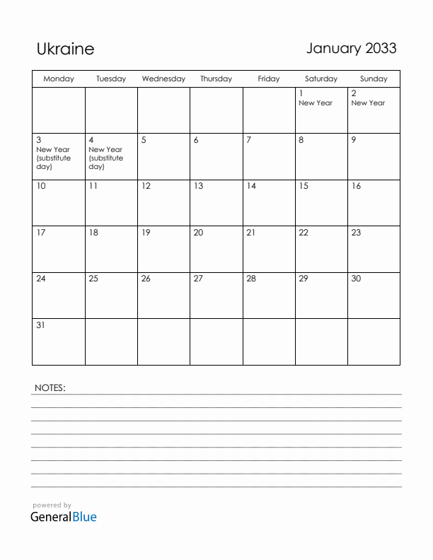 January 2033 Ukraine Calendar with Holidays (Monday Start)