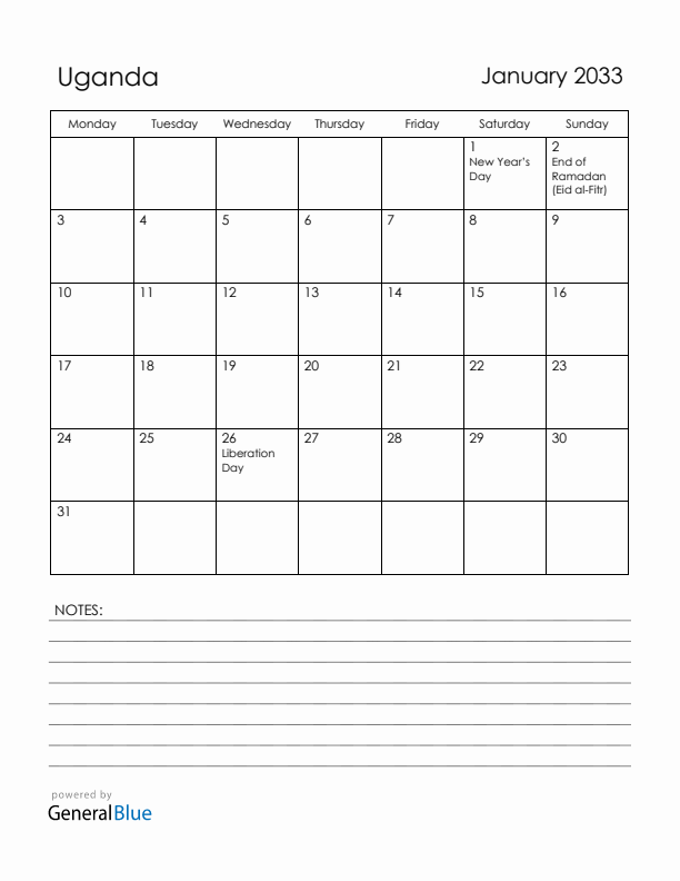 January 2033 Uganda Calendar with Holidays (Monday Start)
