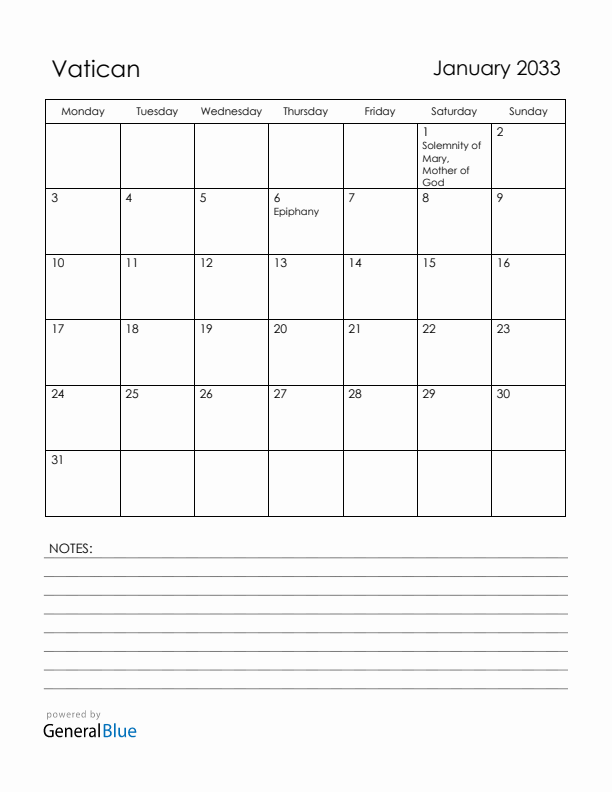January 2033 Vatican Calendar with Holidays (Monday Start)