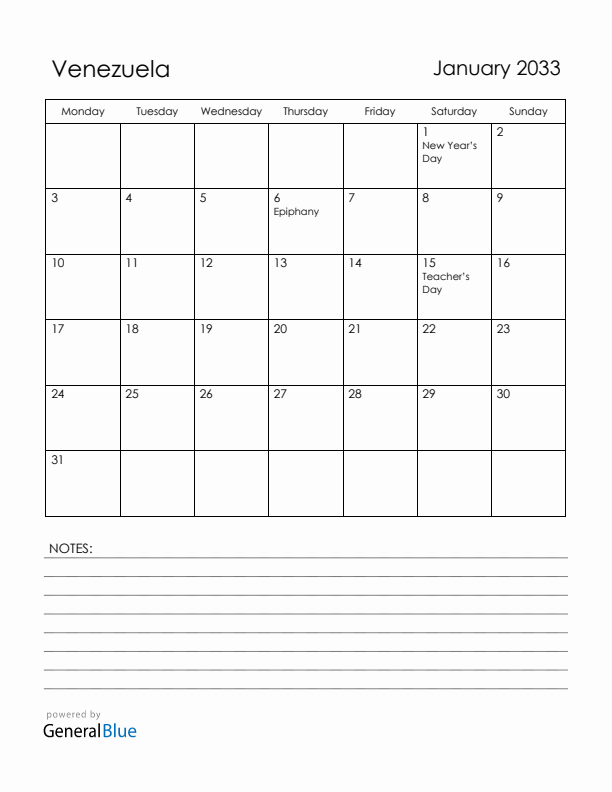 January 2033 Venezuela Calendar with Holidays (Monday Start)