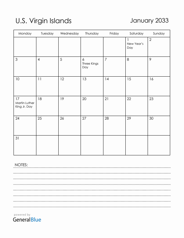 January 2033 U.S. Virgin Islands Calendar with Holidays (Monday Start)