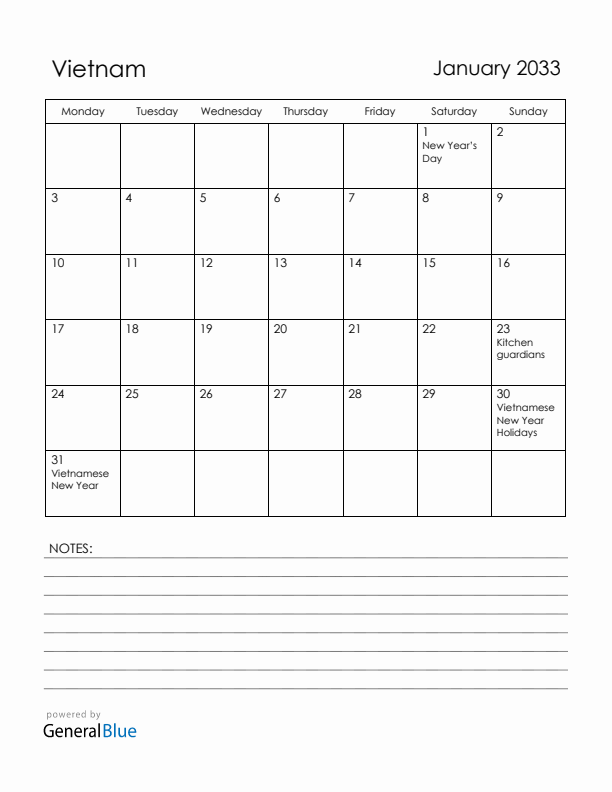 January 2033 Vietnam Calendar with Holidays (Monday Start)