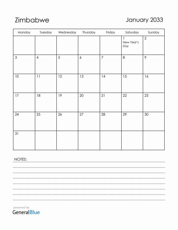 January 2033 Zimbabwe Calendar with Holidays (Monday Start)