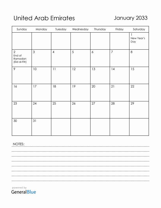 January 2033 United Arab Emirates Calendar with Holidays (Sunday Start)