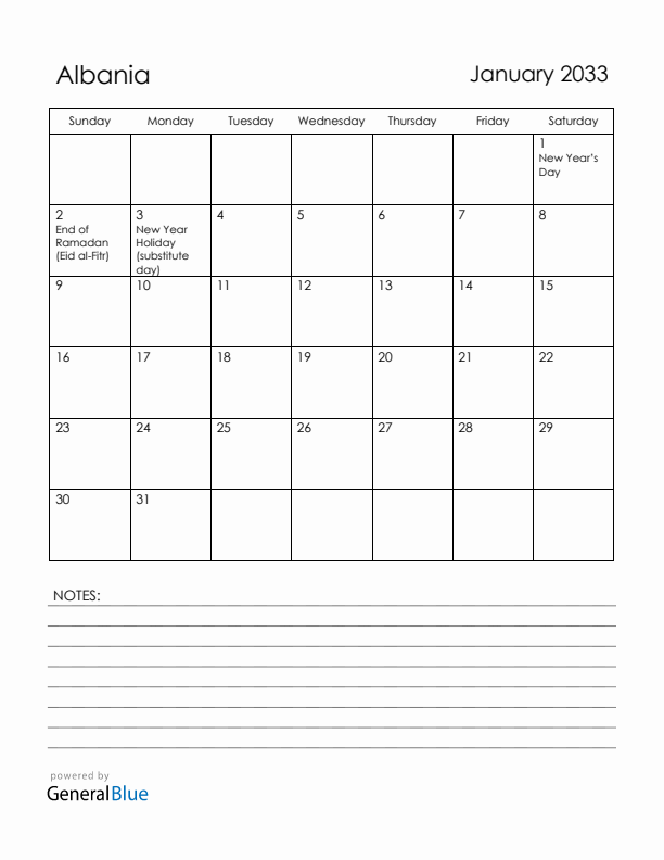 January 2033 Albania Calendar with Holidays (Sunday Start)