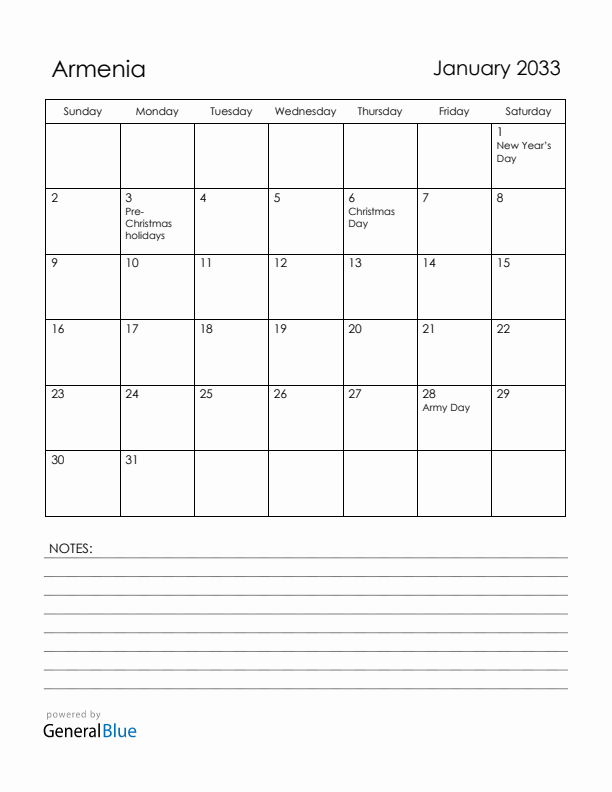 January 2033 Armenia Calendar with Holidays (Sunday Start)