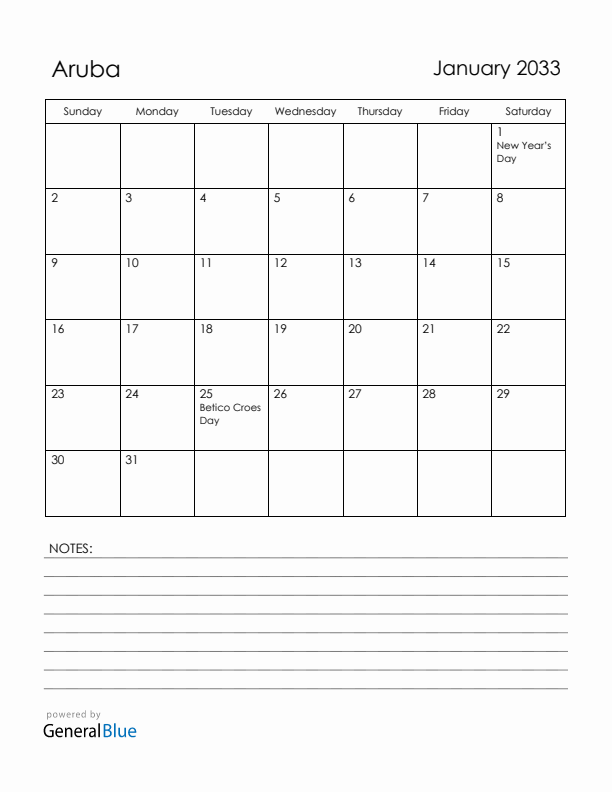January 2033 Aruba Calendar with Holidays (Sunday Start)