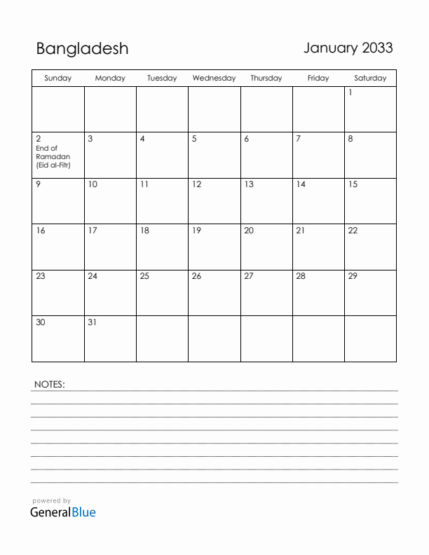 January 2033 Bangladesh Calendar with Holidays (Sunday Start)