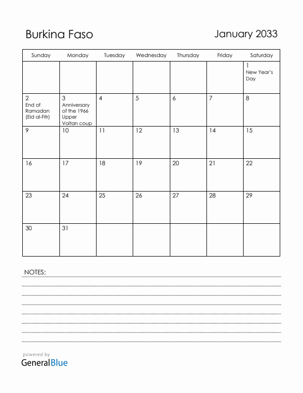 January 2033 Burkina Faso Calendar with Holidays (Sunday Start)
