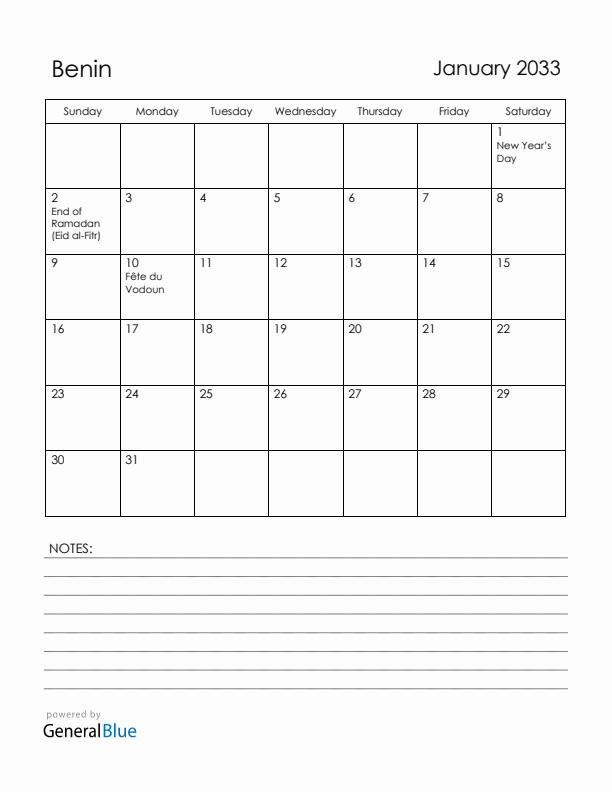 January 2033 Benin Calendar with Holidays (Sunday Start)