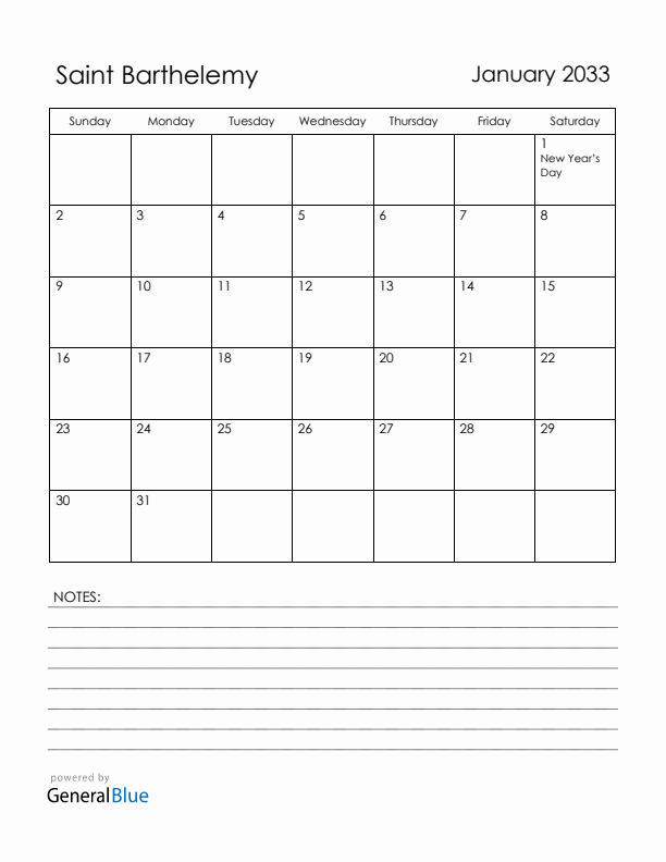 January 2033 Saint Barthelemy Calendar with Holidays (Sunday Start)