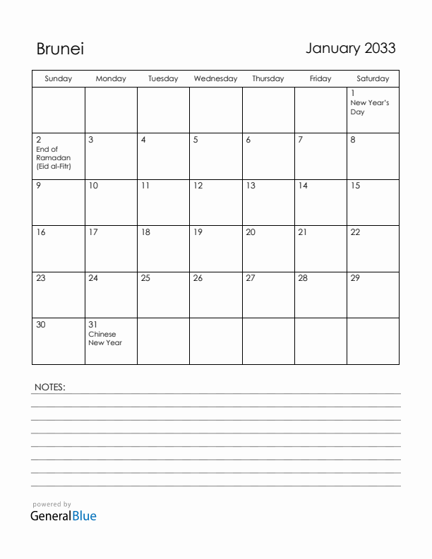 January 2033 Brunei Calendar with Holidays (Sunday Start)