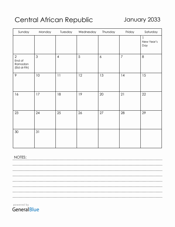 January 2033 Central African Republic Calendar with Holidays (Sunday Start)