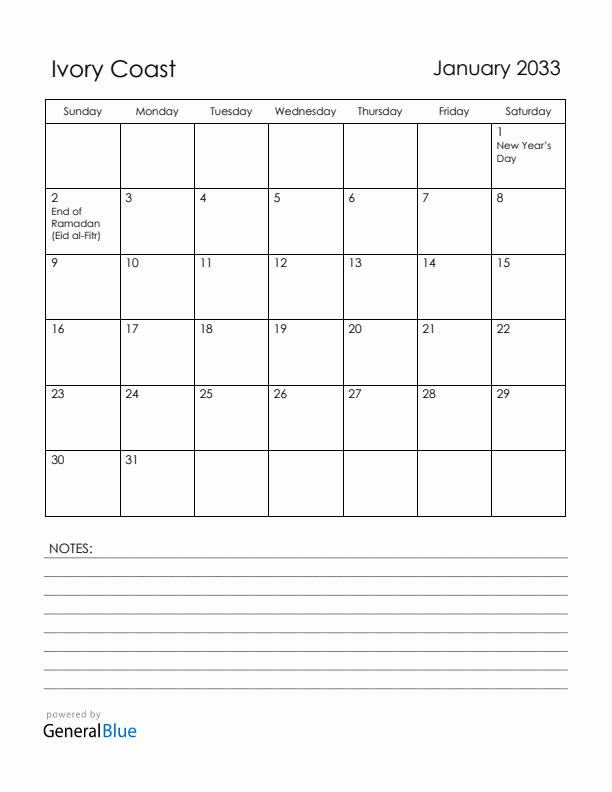 January 2033 Ivory Coast Calendar with Holidays (Sunday Start)