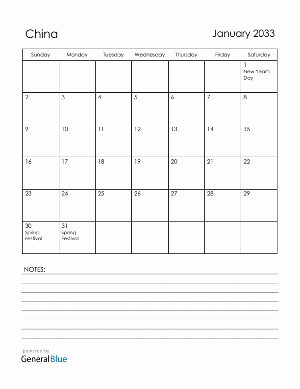 January 2033 China Calendar with Holidays (Sunday Start)