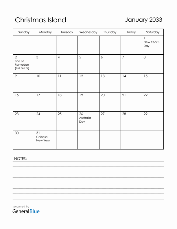 January 2033 Christmas Island Calendar with Holidays (Sunday Start)
