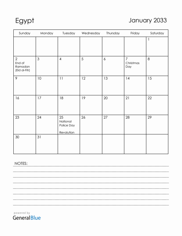January 2033 Egypt Calendar with Holidays (Sunday Start)