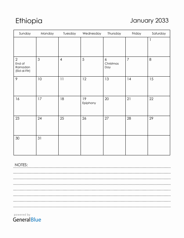 January 2033 Ethiopia Calendar with Holidays (Sunday Start)