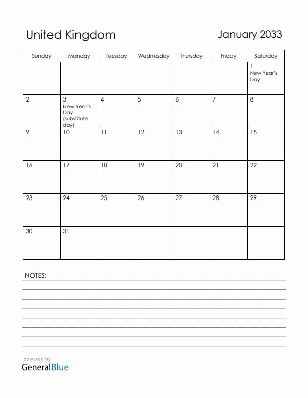 January 2033 United Kingdom Calendar with Holidays (Sunday Start)