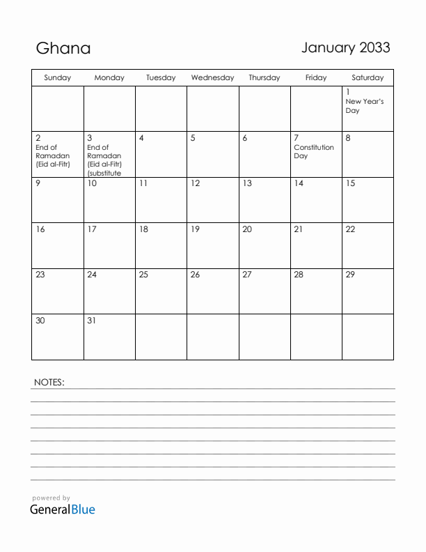 January 2033 Ghana Calendar with Holidays (Sunday Start)