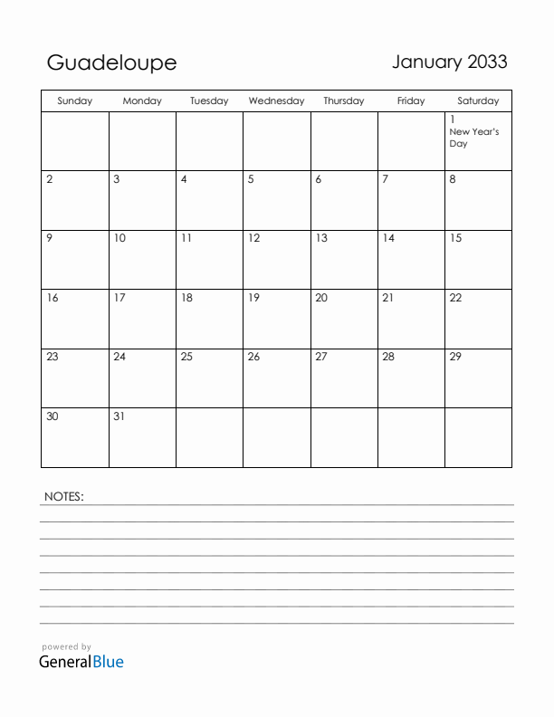 January 2033 Guadeloupe Calendar with Holidays (Sunday Start)