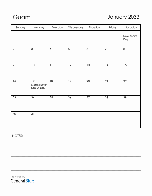 January 2033 Guam Calendar with Holidays (Sunday Start)