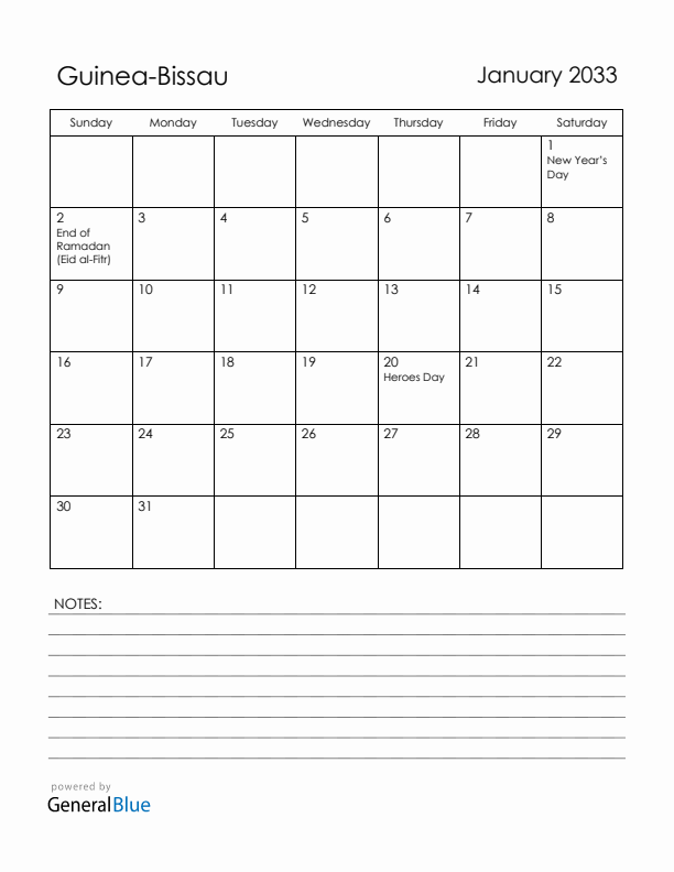 January 2033 Guinea-Bissau Calendar with Holidays (Sunday Start)