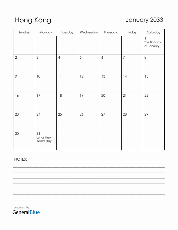 January 2033 Hong Kong Calendar with Holidays (Sunday Start)