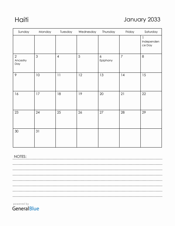 January 2033 Haiti Calendar with Holidays (Sunday Start)