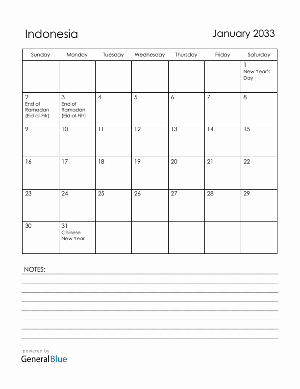 January 2033 Indonesia Calendar with Holidays (Sunday Start)
